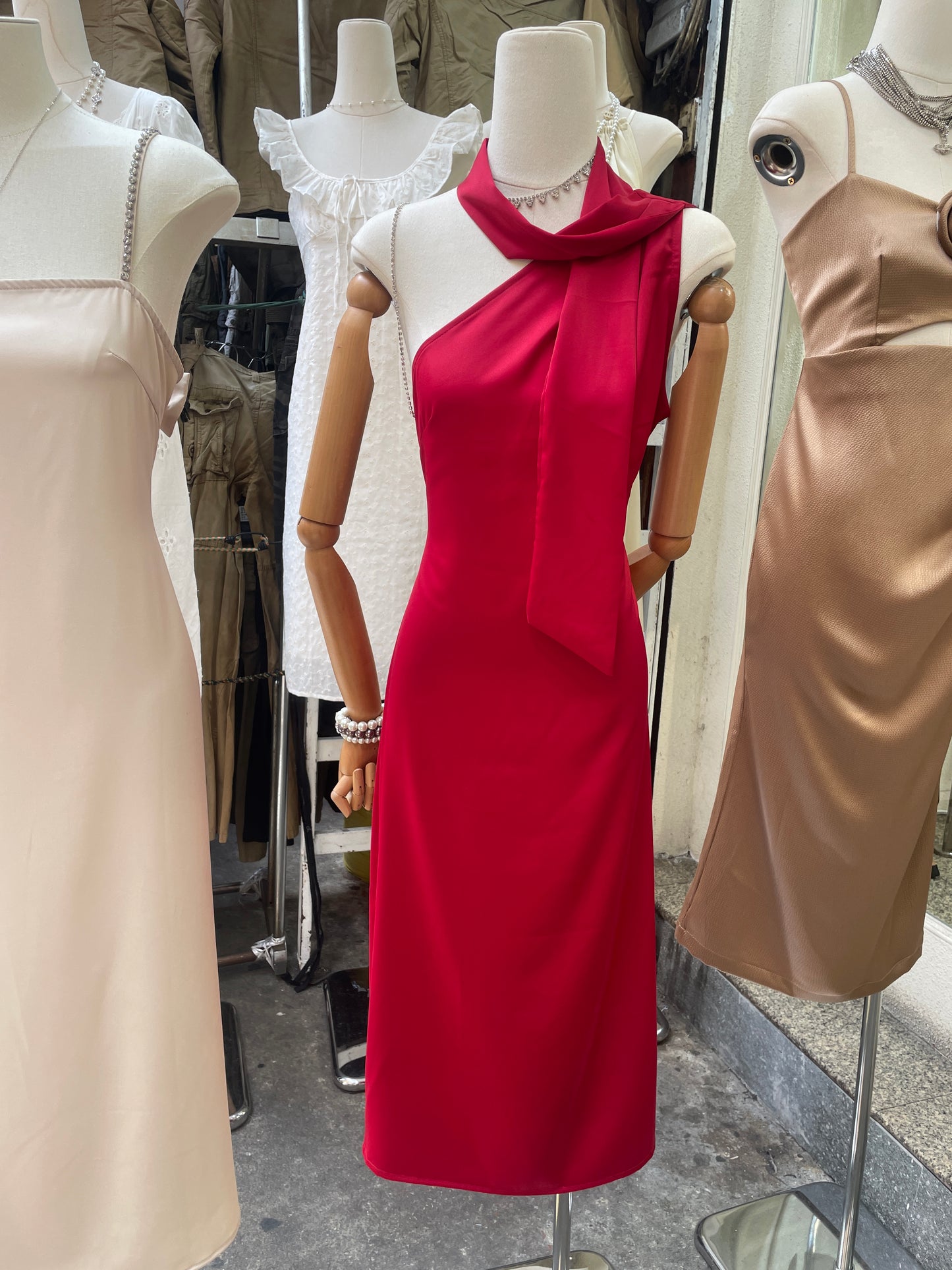 Tie Neck Satin Dress Red