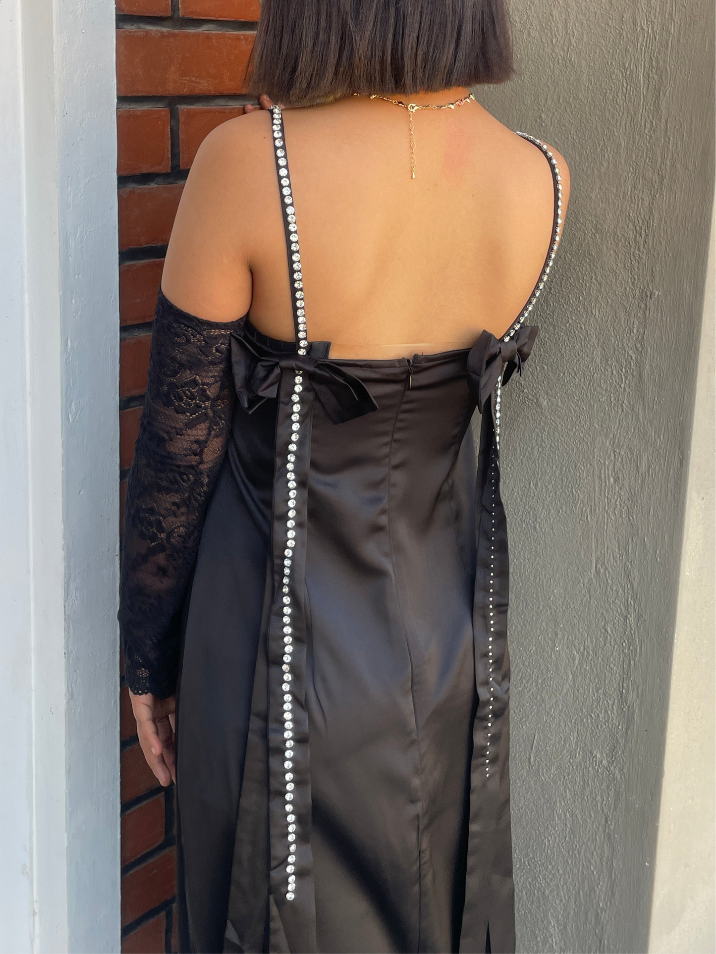 Stone Bow Satin Dress Black