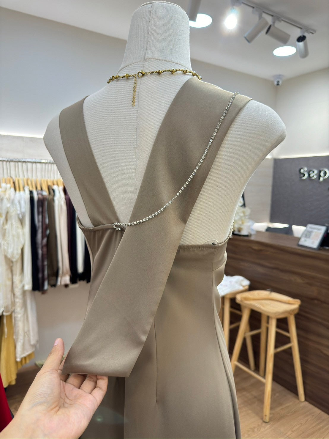 Tie Neck Satin Dress Taupe