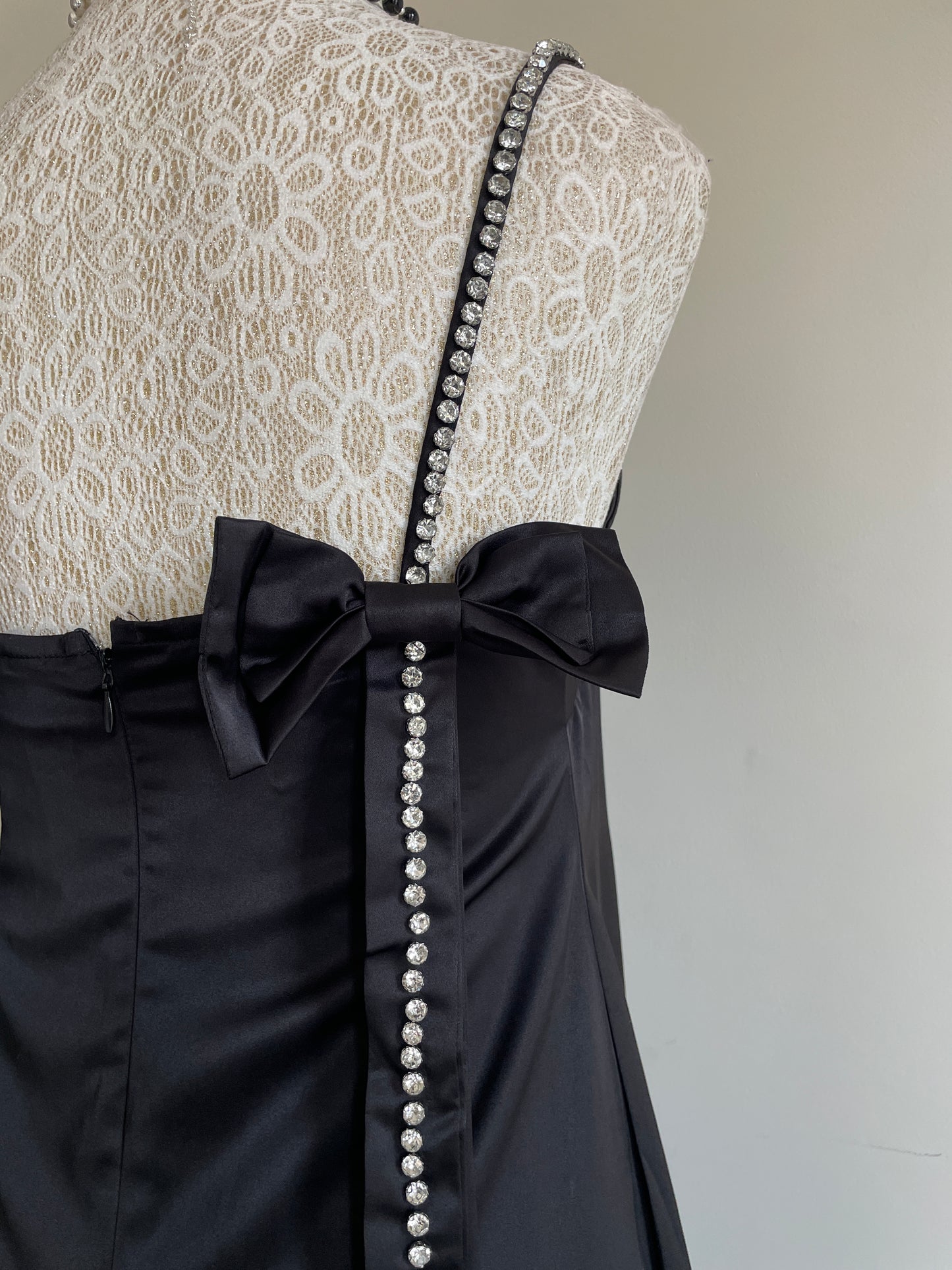 Stone Bow Satin Dress Black