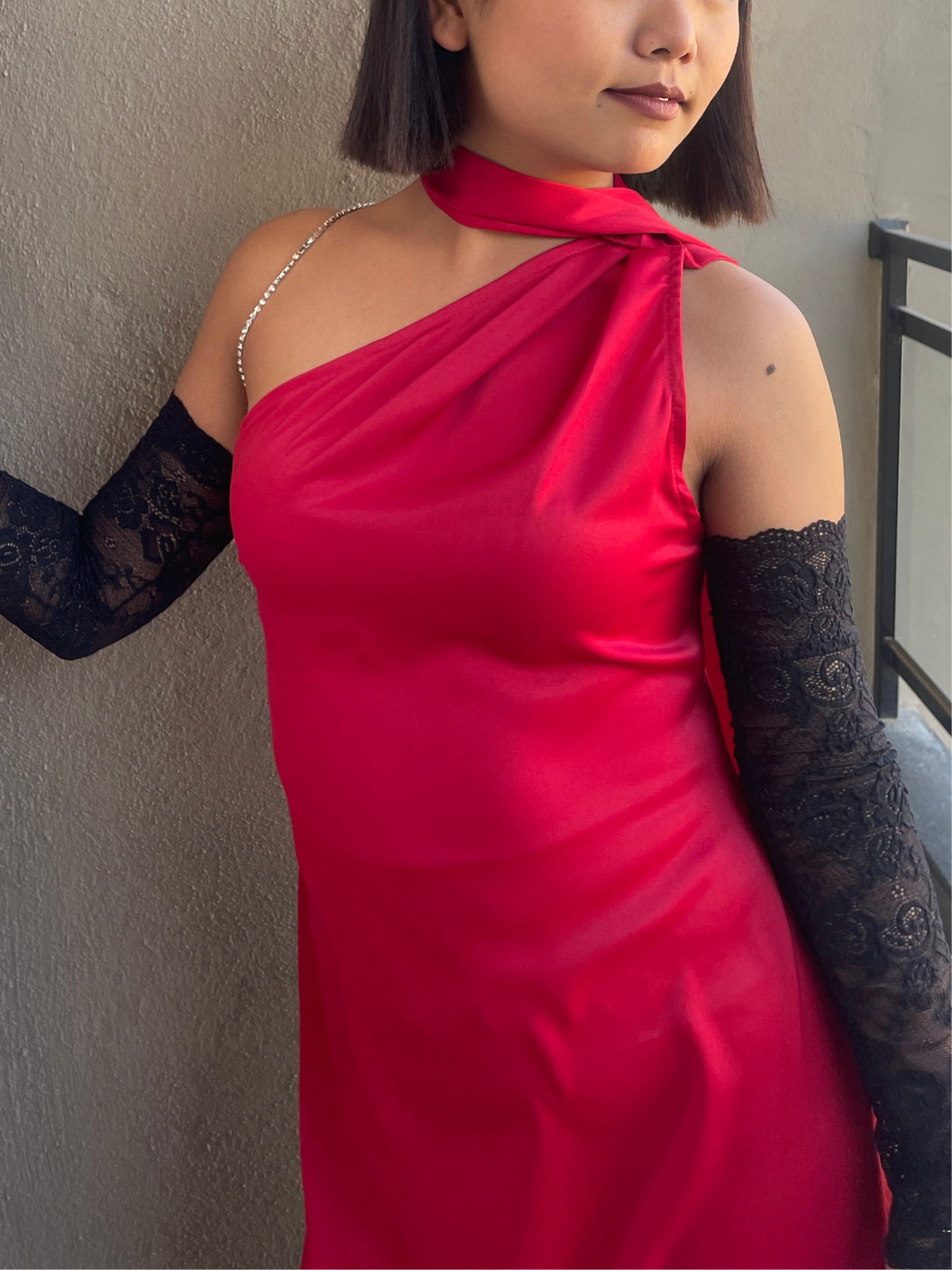 Tie Neck Satin Dress Red