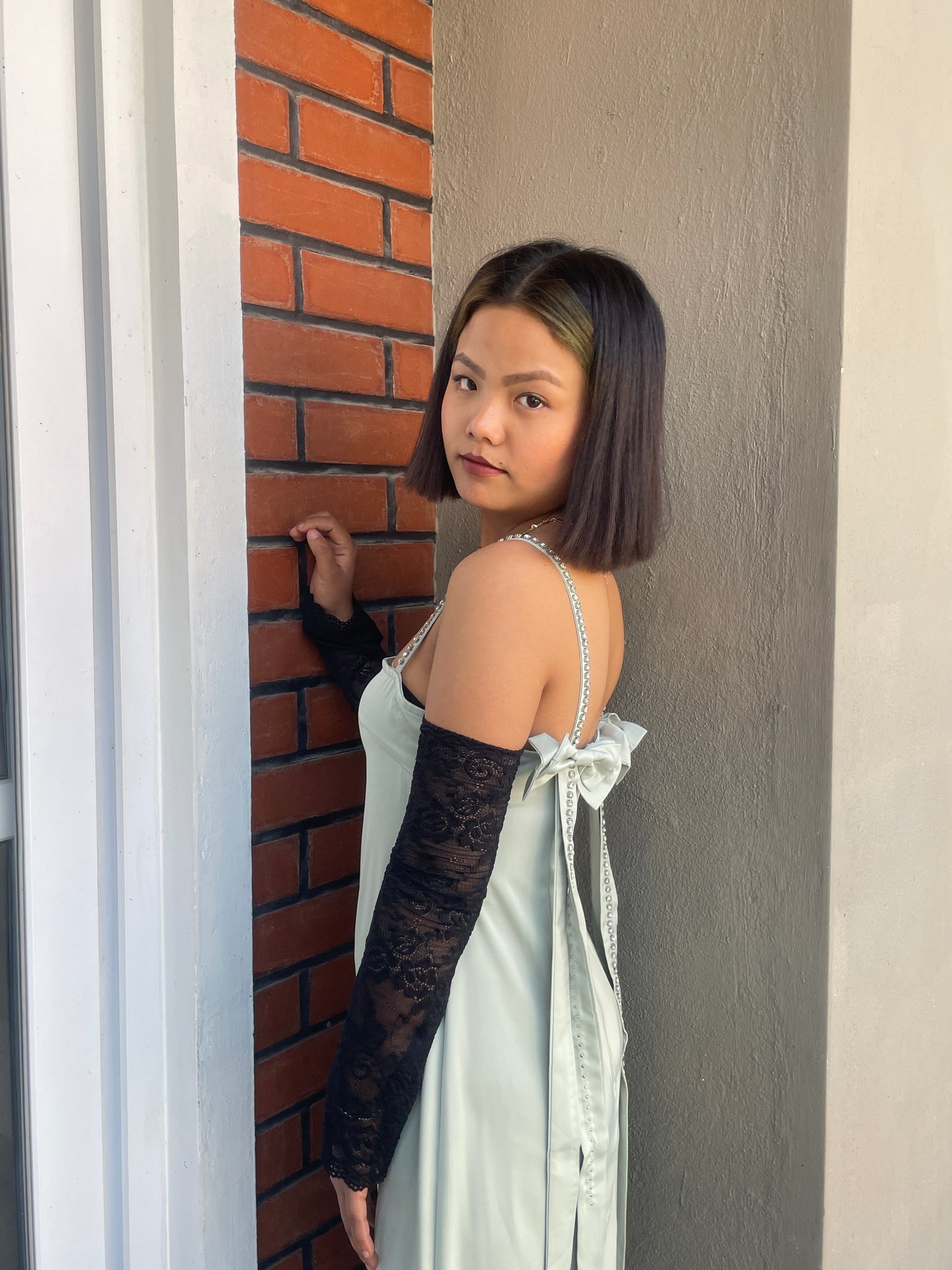 Stone Bow Satin Dress Green