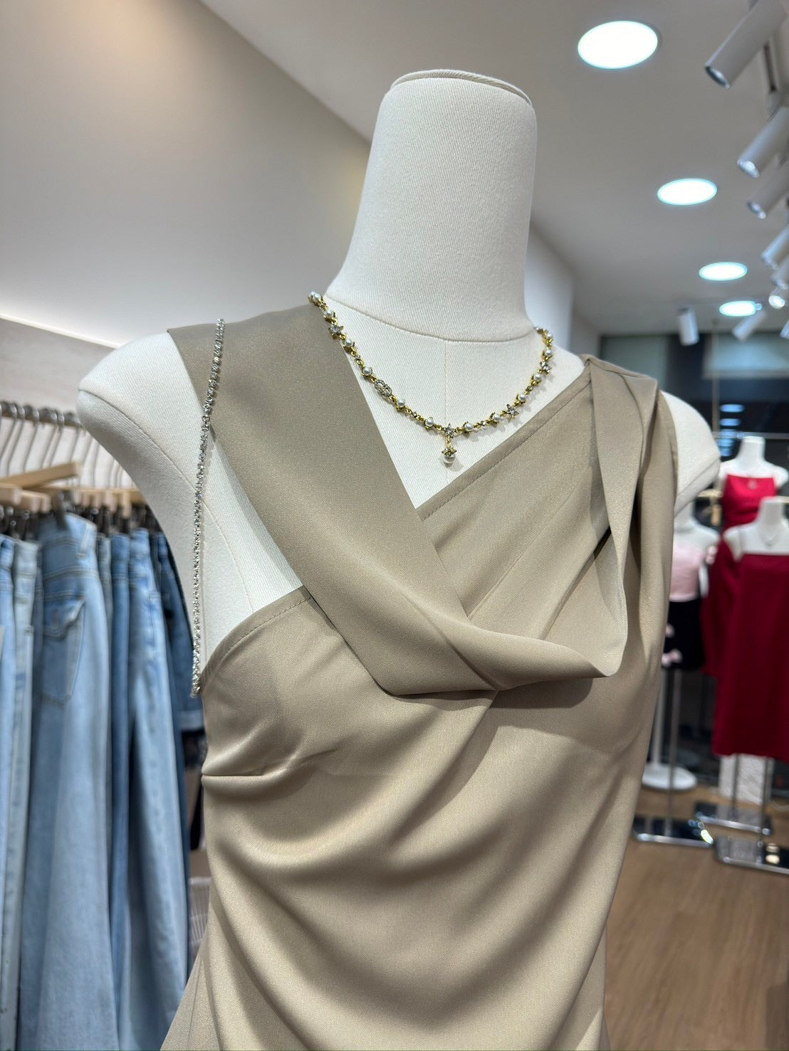 Tie Neck Satin Dress Taupe