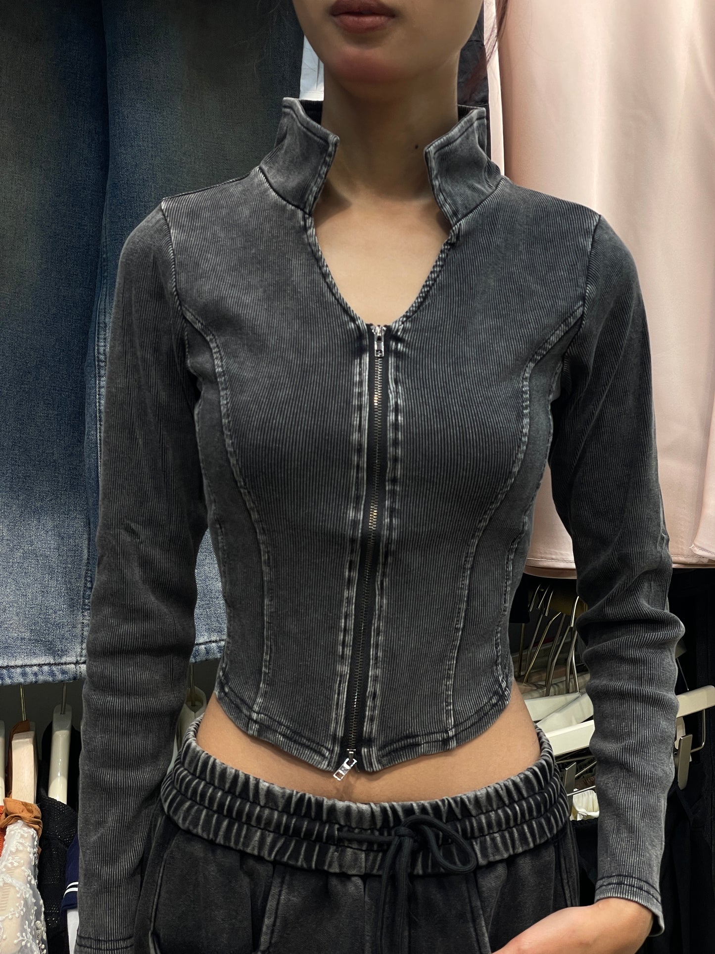 Washed Zipper Corset Top
