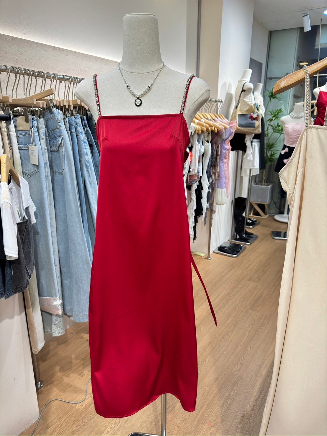 Stone Bow Satin Dress Red