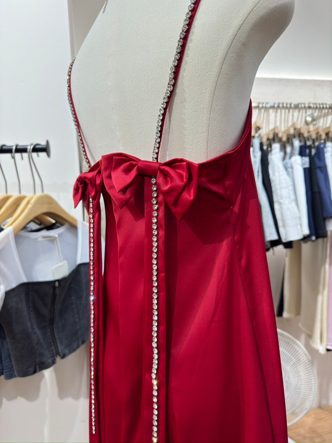 Stone Bow Satin Dress Red