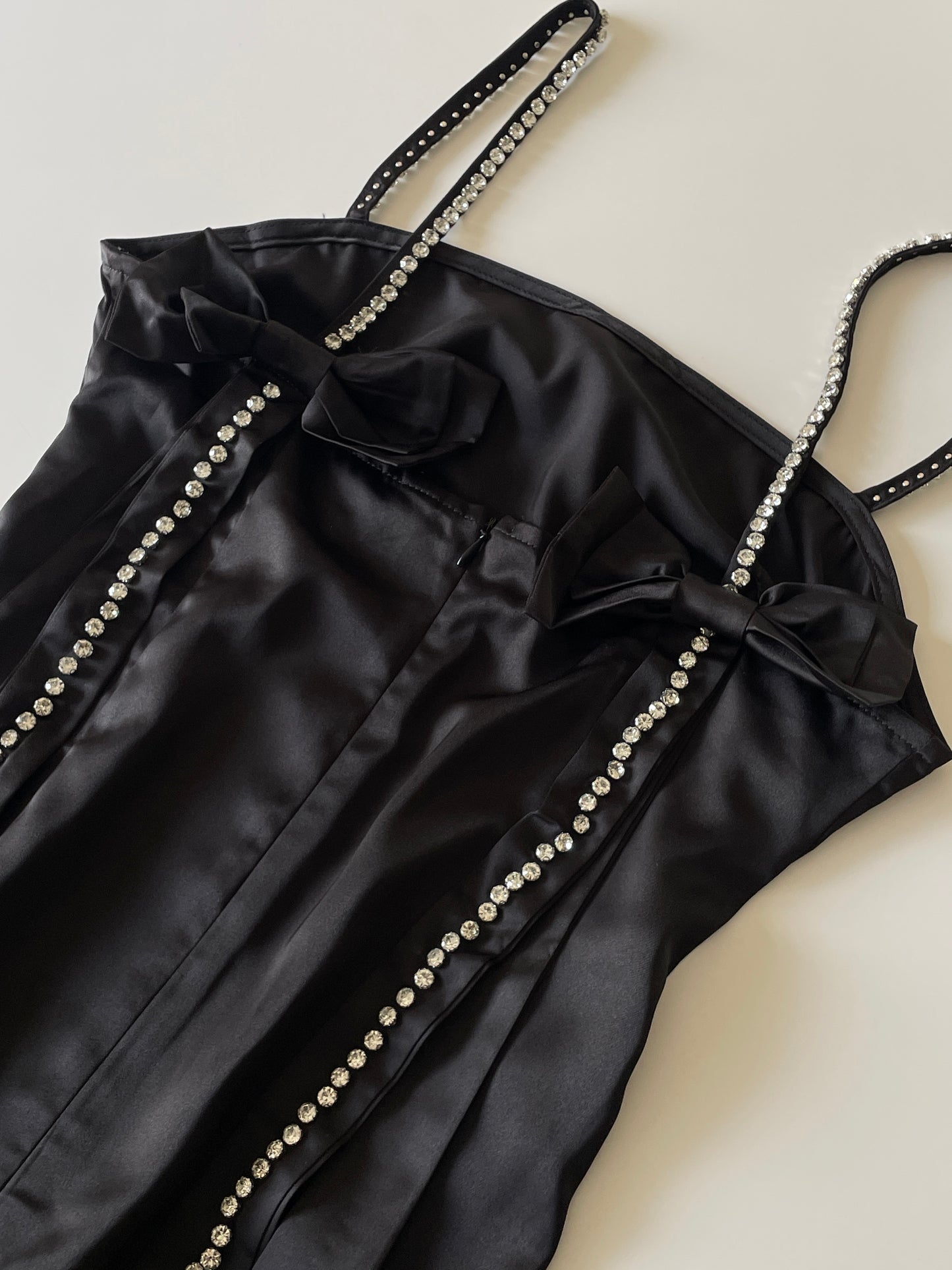Stone Bow Satin Dress Black