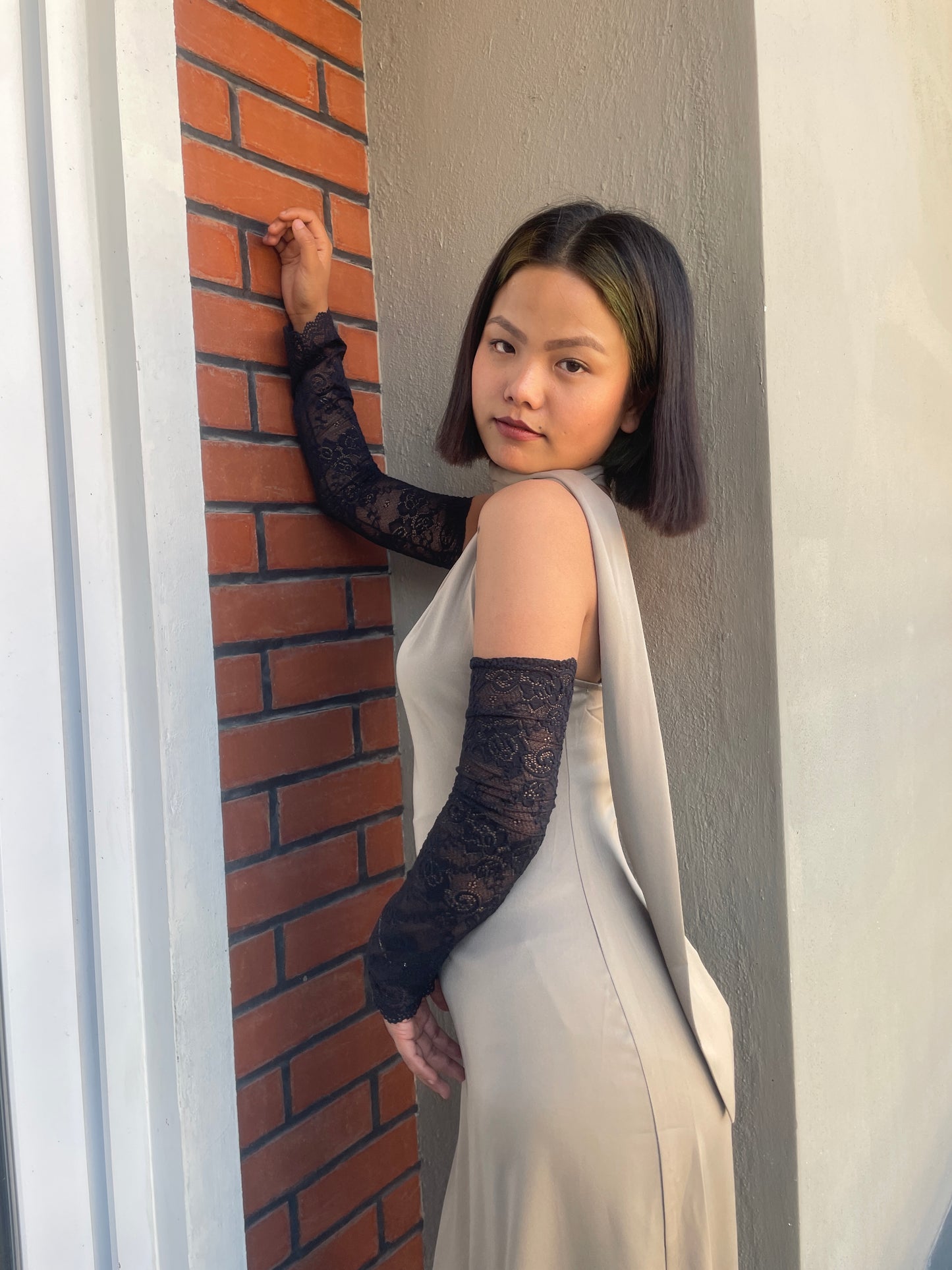 Tie Neck Satin Dress Taupe
