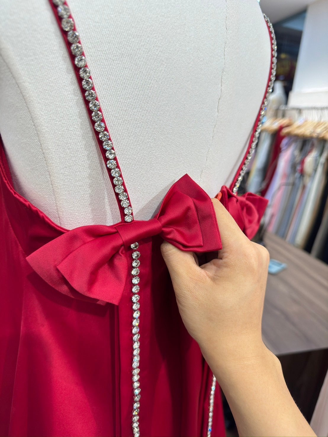 Stone Bow Satin Dress Red