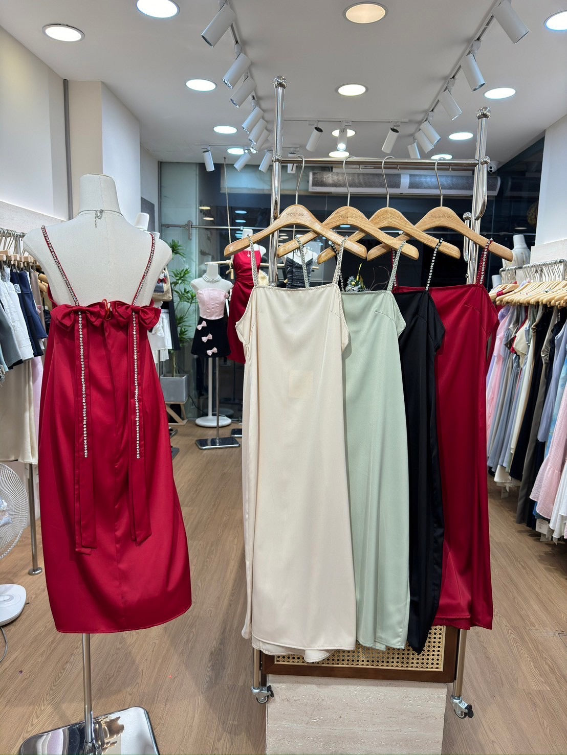 Stone Bow Satin Dress Green