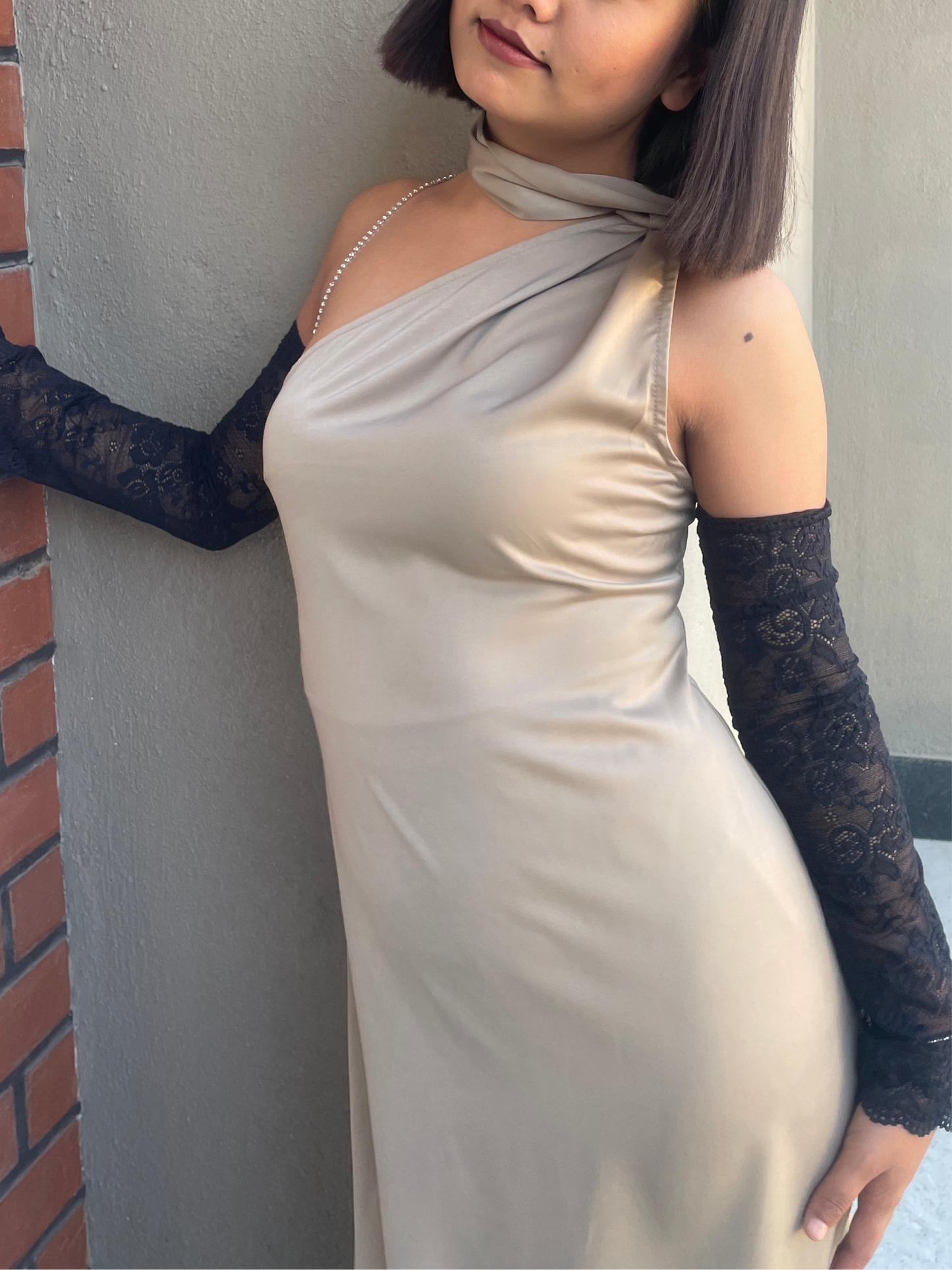 Tie Neck Satin Dress Taupe