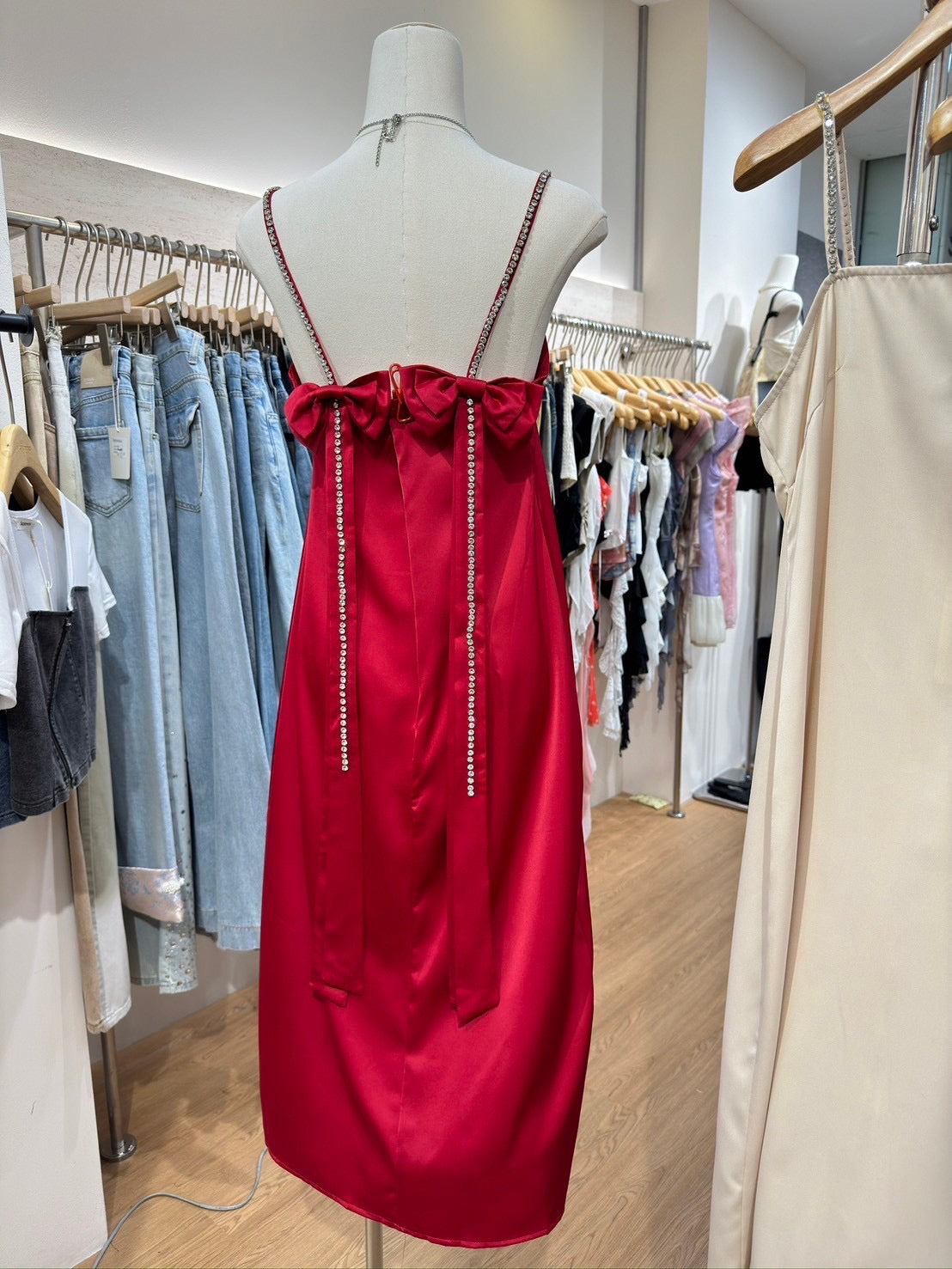 Stone Bow Satin Dress Red