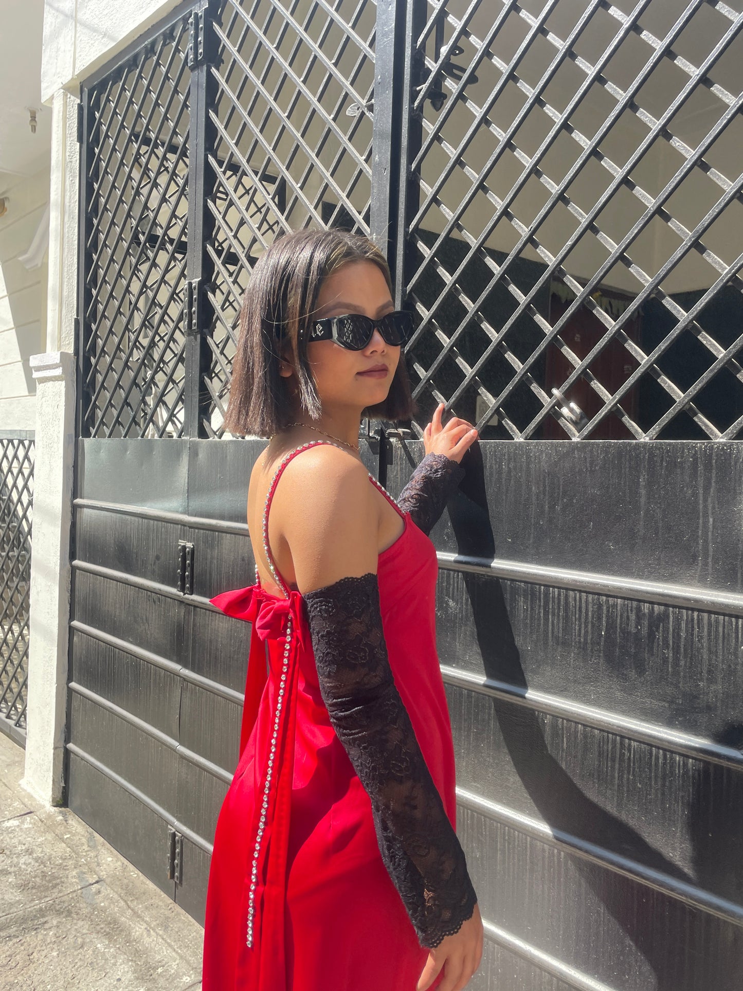Stone Bow Satin Dress Red