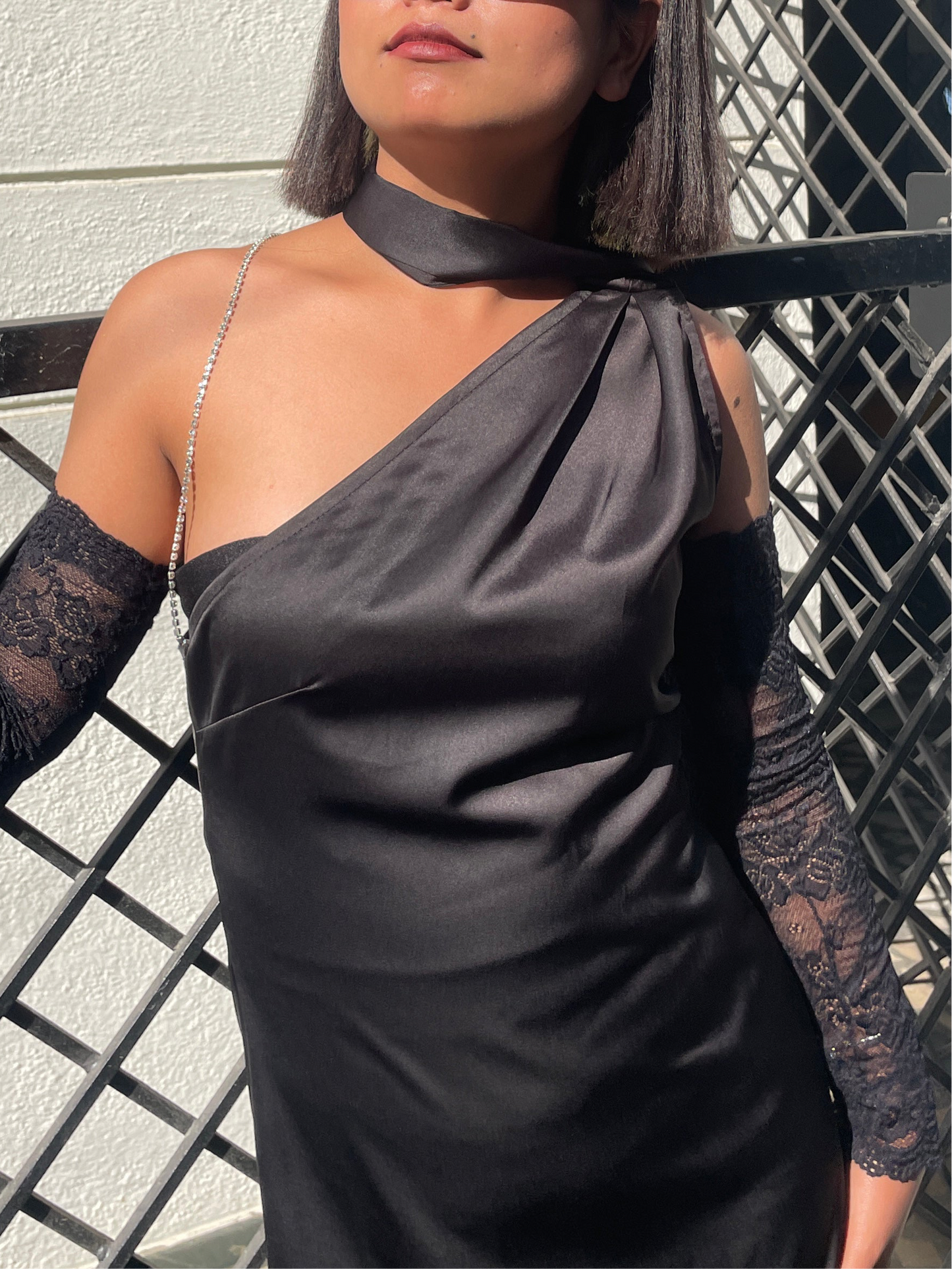 Tie Neck Satin Dress Black