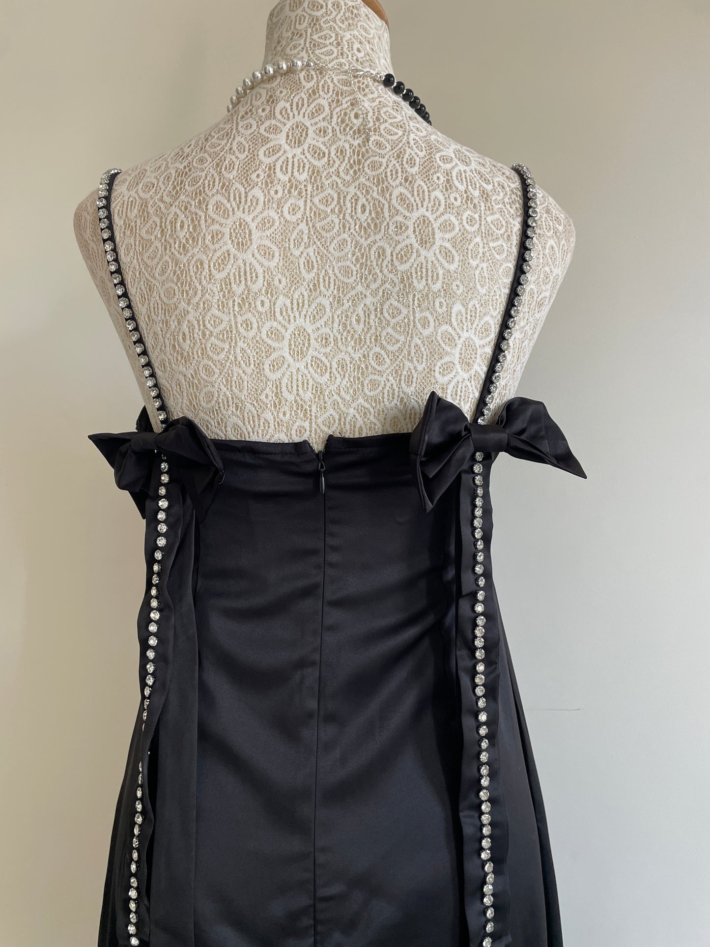 Stone Bow Satin Dress Black