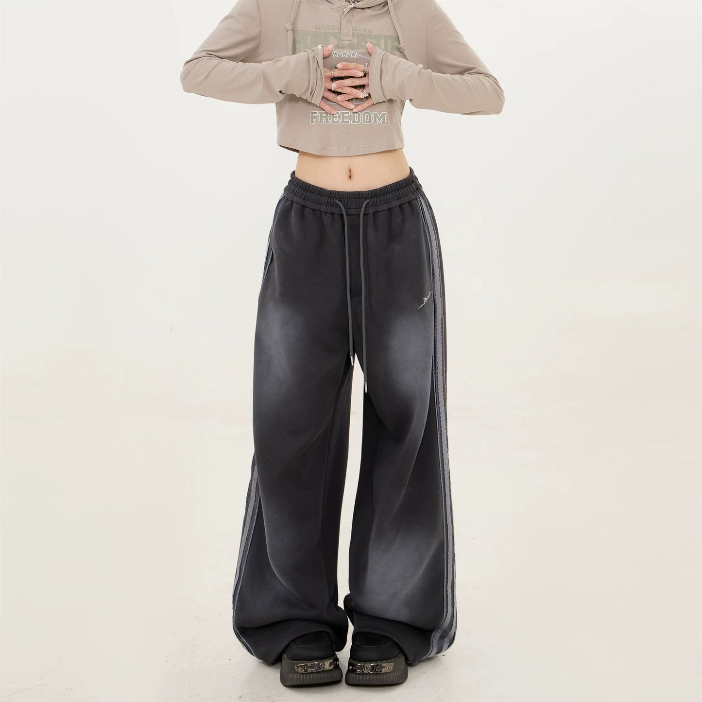 Korean Side-Stripe Wide-Leg Joggers