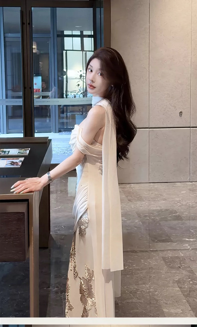Celeste Embroidered Draped Maxi Dress