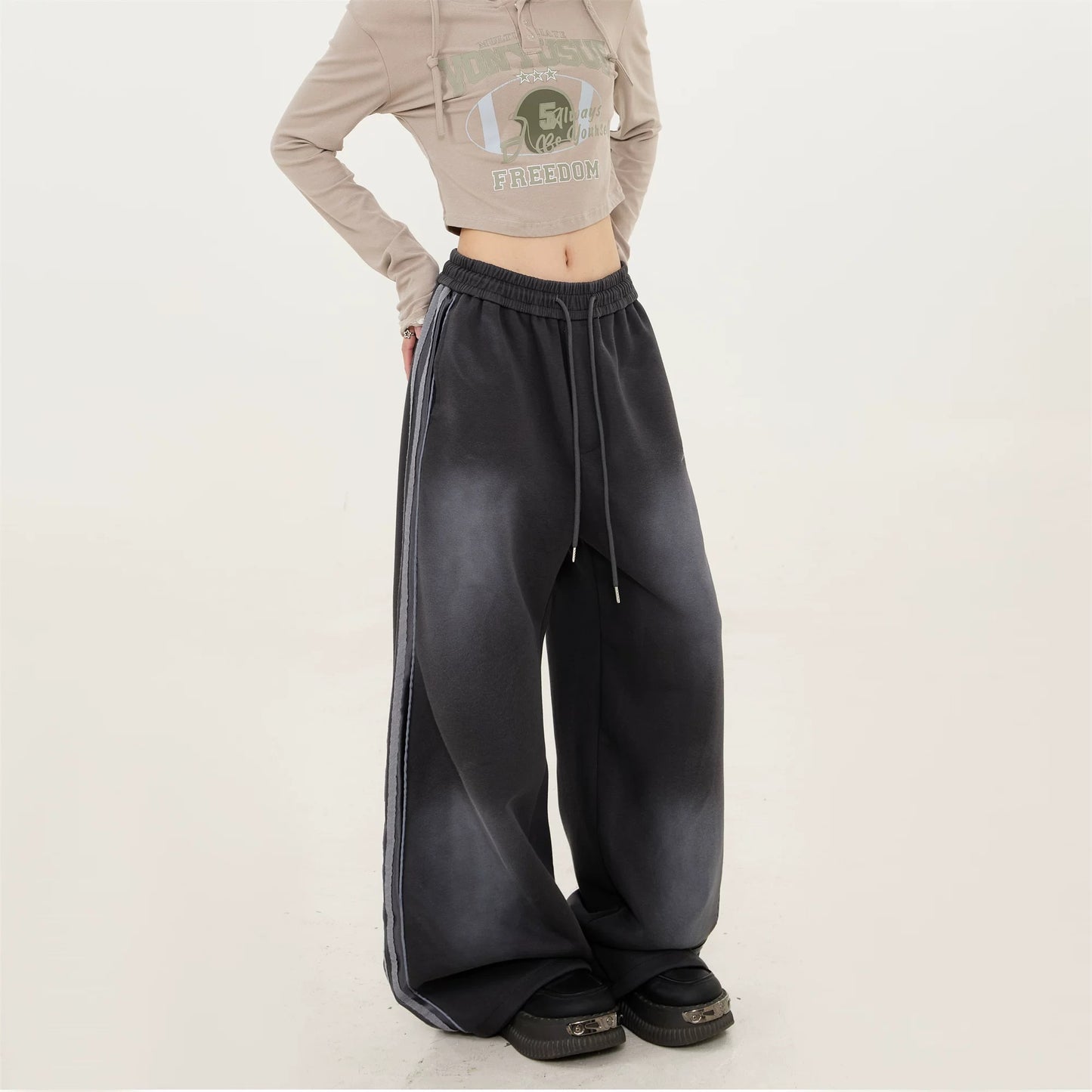 Korean Side-Stripe Wide-Leg Joggers