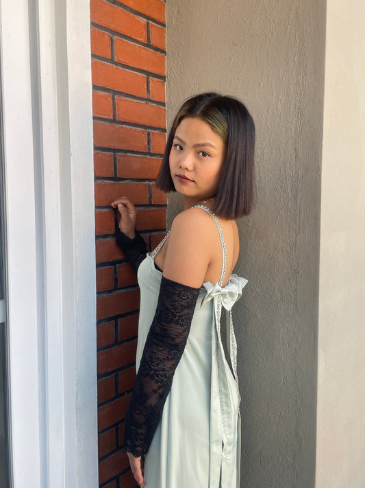 Stone Bow Satin Dress Green