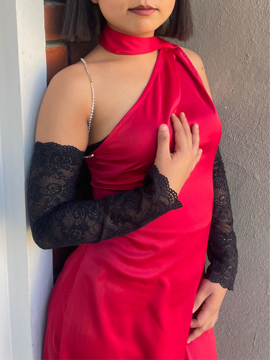 Tie Neck Satin Dress Red