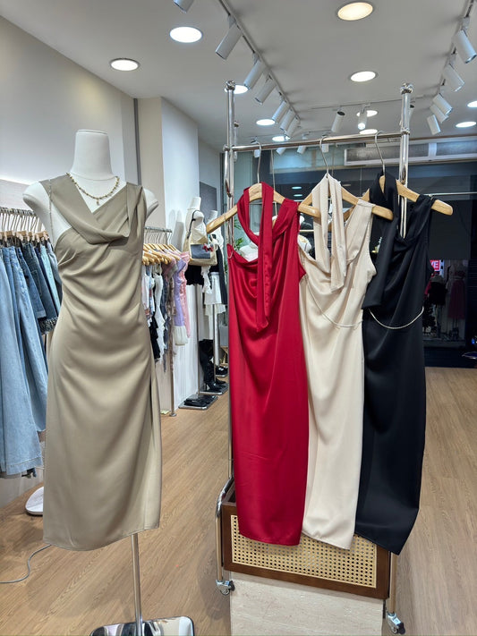 Tie Neck Satin Dress Crème