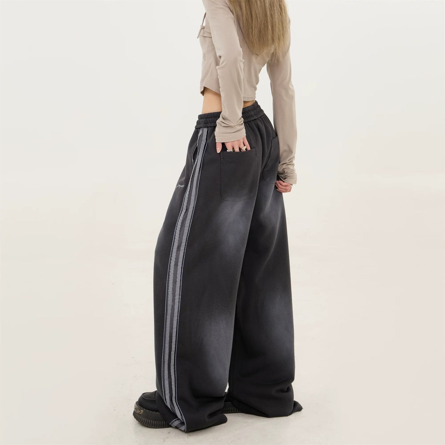 Korean Side-Stripe Wide-Leg Joggers