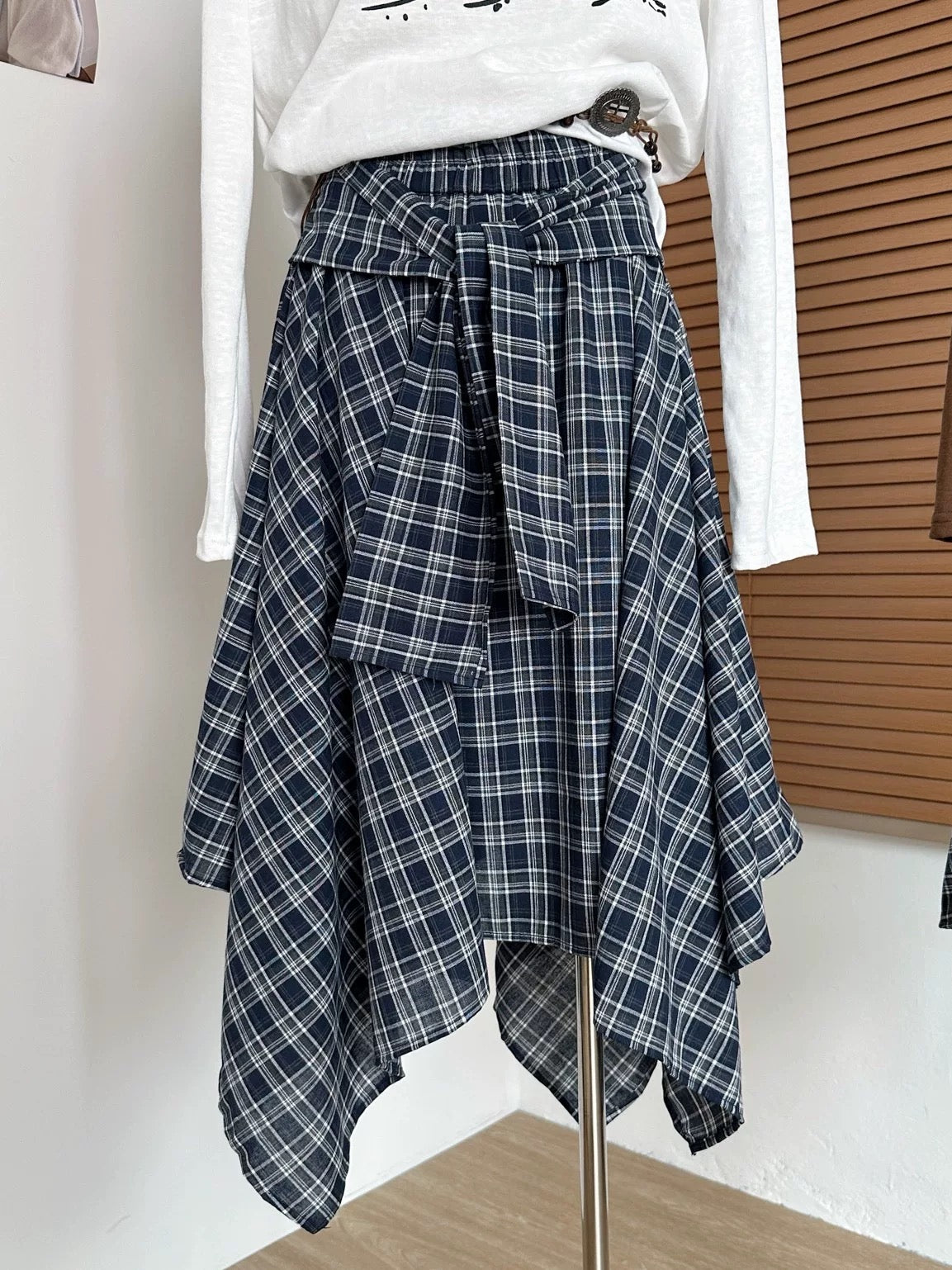 Fall Asymmetric Checkered Midi Skirt