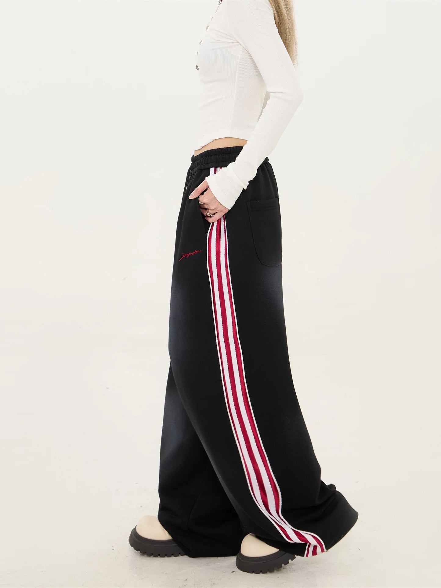 Korean Side-Stripe Wide-Leg Joggers