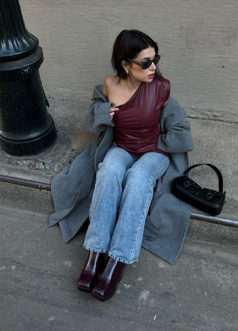 Siren one shoulder leather top