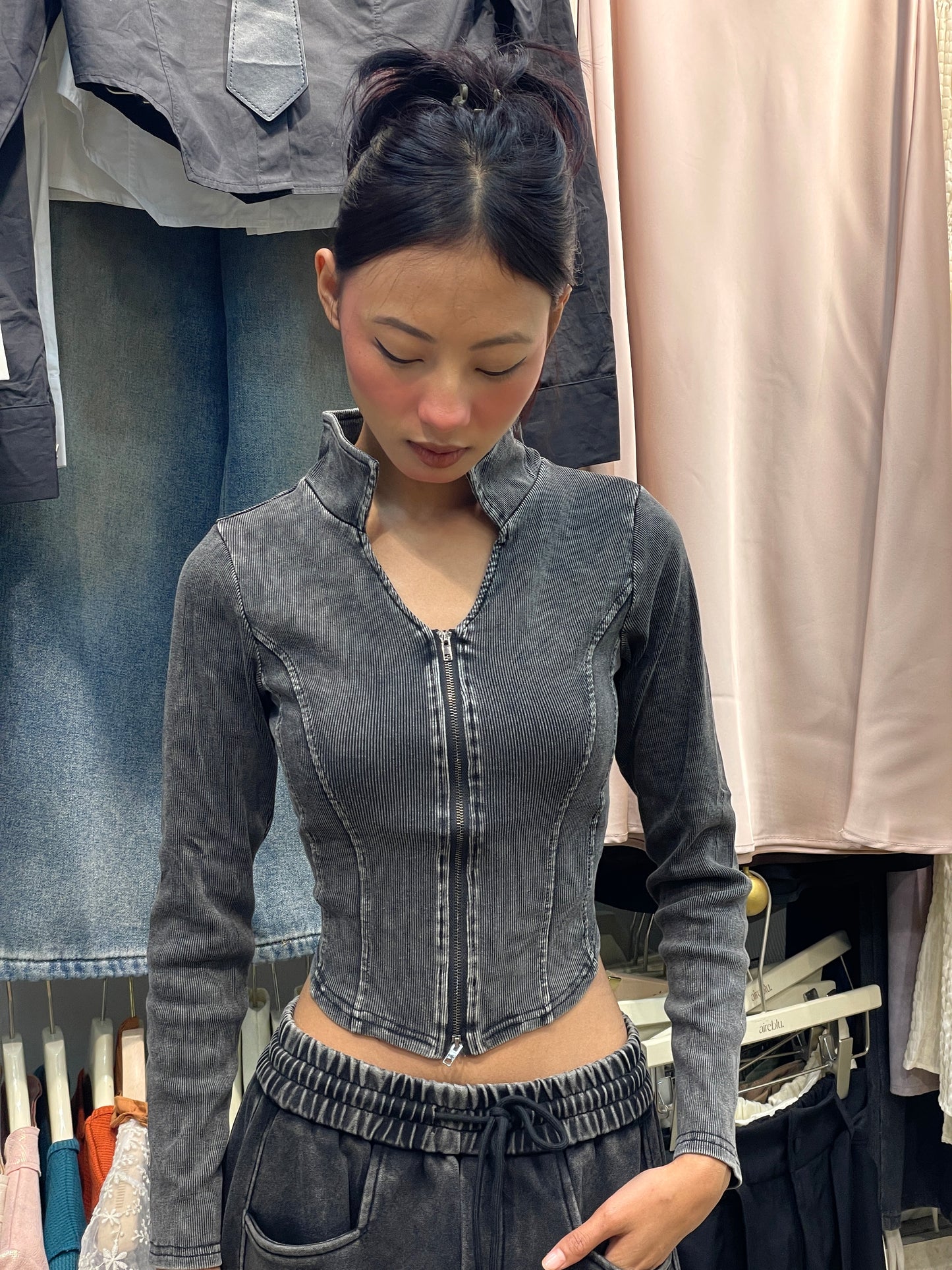 Washed Zipper Corset Top