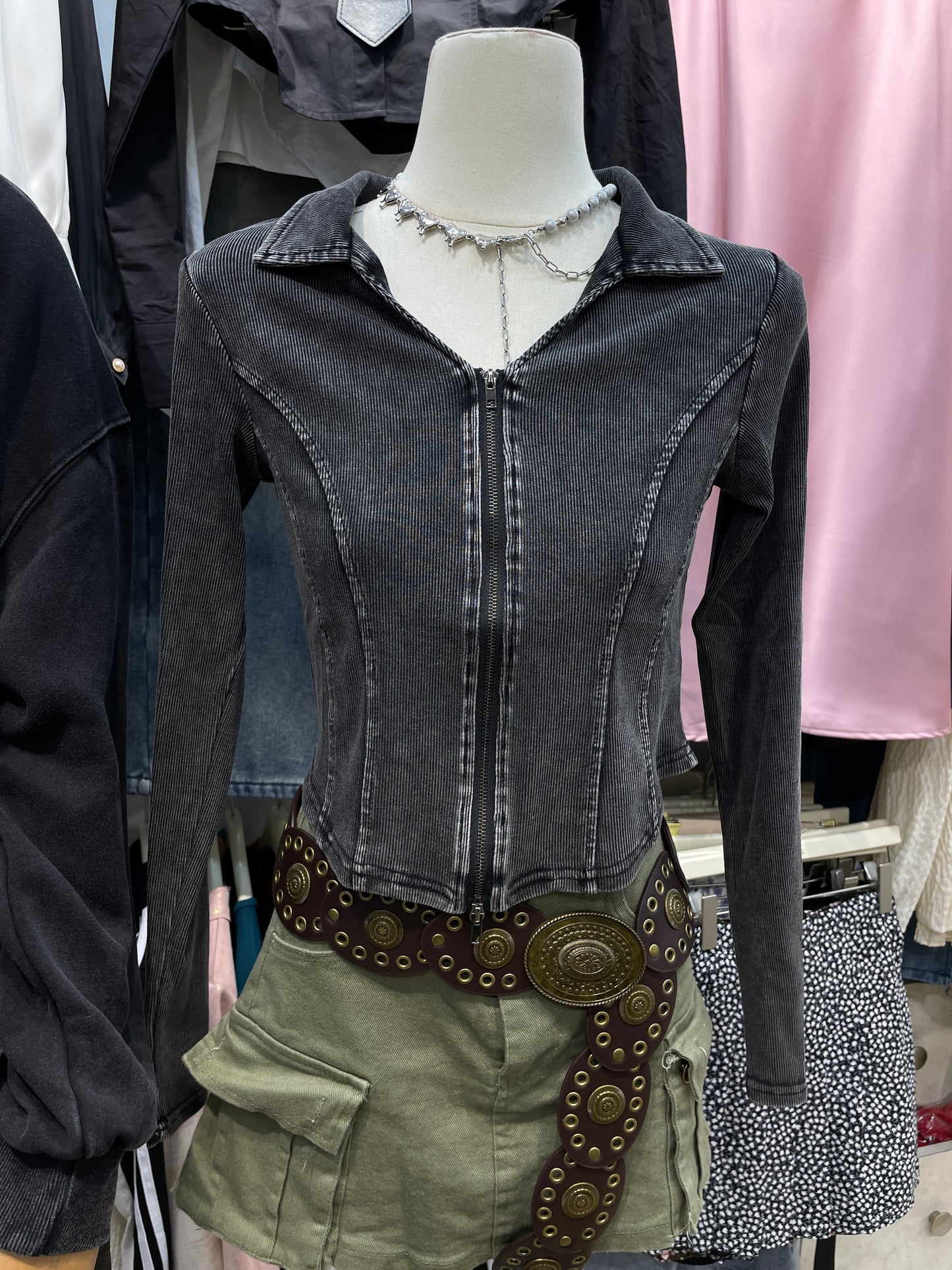 Washed Zipper Corset Top