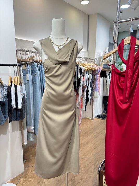 Tie Neck Satin Dress Taupe