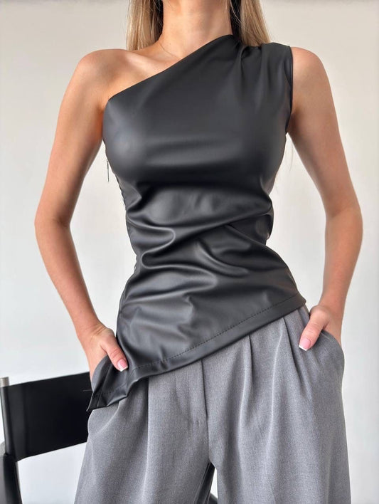 Siren one shoulder leather top
